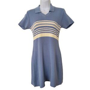 Vintage Rampage Blue Yellow Striped Knit Polo Sweater Dress Short Sleeves M Cott
